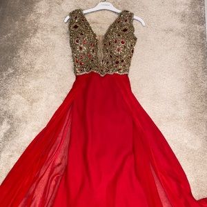 Tarik Ediz red V neck open back gown